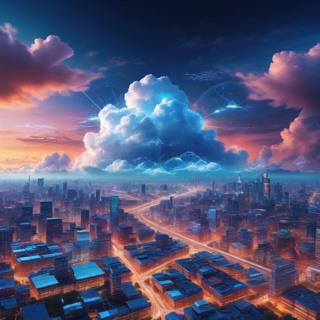 A futuristic landscape showcasing a cloud network transitioning into a robust cybersecurity framework, with digital locks and firewalls. Include abstract representations of technology, like data streams and circuit patterns, blending seamlessly with fluffy clouds above. The scene conveys a sense of evolution and security, highlighting key tech elements for 2024. vibrant colors. super-realistic.