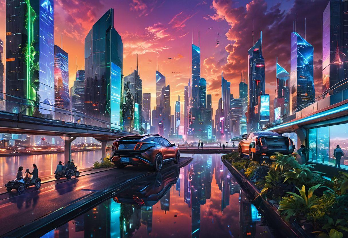 A futuristic landscape showcasing a bustling cityscape integrated with advanced AI technology and IoT devices. Include elements like autonomous vehicles, smart buildings with glowing interfaces, and people interacting with holographic displays. The skyline should reflect a blend of nature and technology, where greenery intertwines with digital screens. Emphasize a vibrant sunset casting colorful lights over the scene. cyberpunk. vibrant colors. super-realistic.