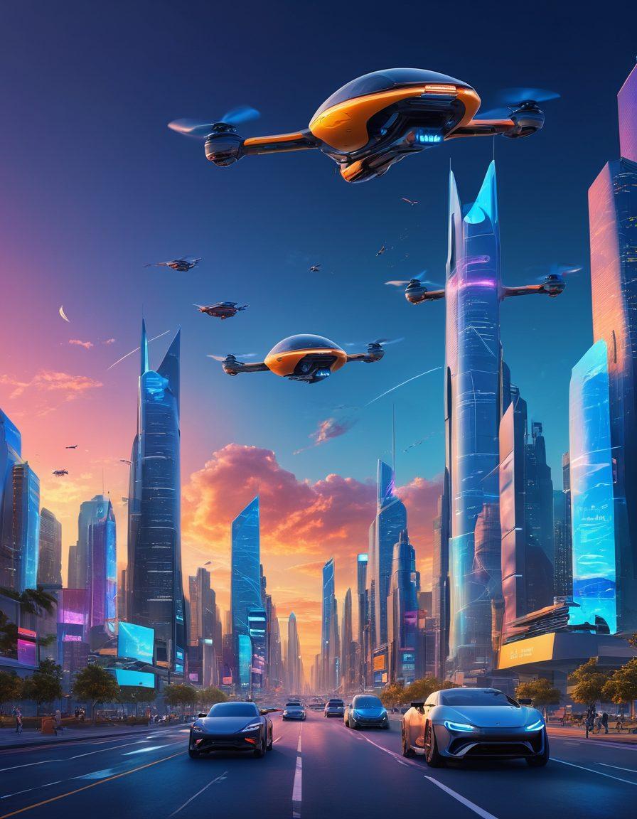 A futuristic city skyline with advanced technology, featuring flying cars, smart buildings, and holographic displays showcasing the latest tech trends. The sky is a blend of vibrant colors at sunset, with digital elements floating in the air symbolizing innovation. Include people using augmented reality devices and AI robots assisting them in daily tasks. super-realistic. vibrant colors. dark blue background.